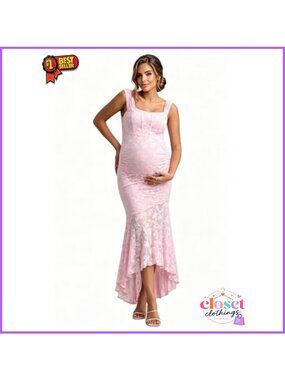Lace Maternity Midi Dress Ruched Corset Mermaid Gown Baby Shower